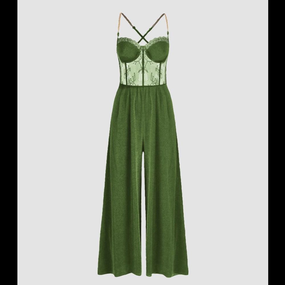Solid Lace Corset Chain Strap Wide Leg Jumpsuit - Picture 1 of 8